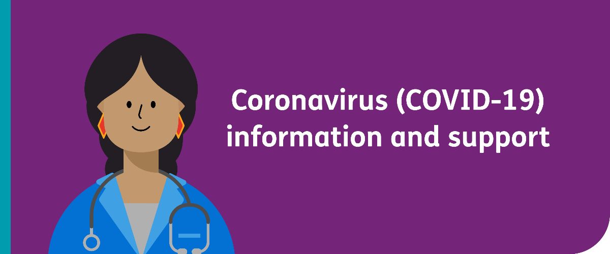 Coronavirus (COVID-19) information and support with a cartoon of a doctor