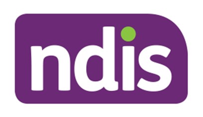 NDIS logo - purple background with NDIS in white and a green dot above the  i
